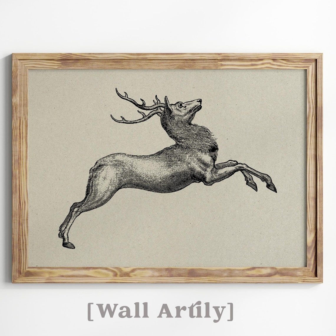 Vintage Leaping Stag with Antlers Classic Wildlife Engraving Poster
