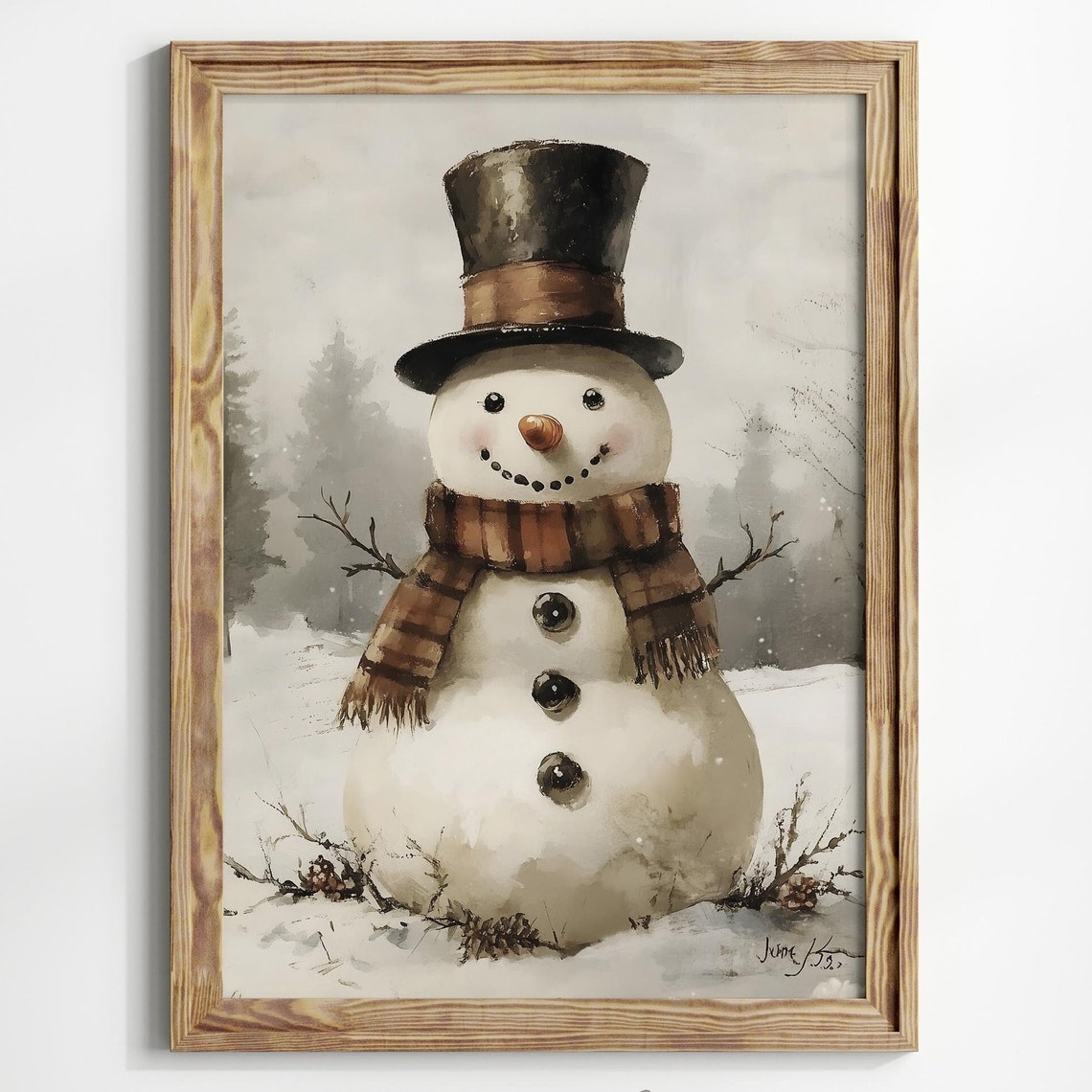 Watercolor Snowman Top Hat Plaid Scarf Christmas Winter Poster