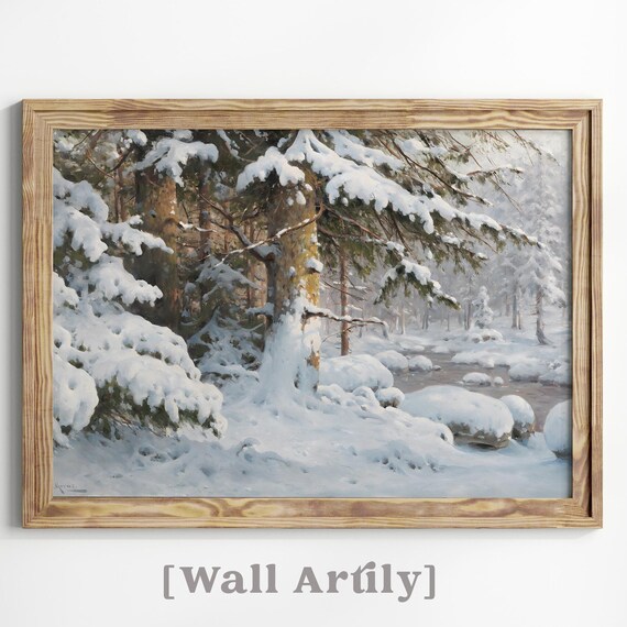 Snowy Pine Trees By A Winter River Realistic Painting Poster