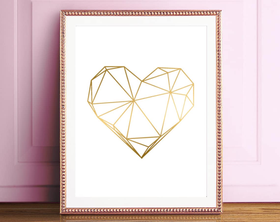 Geometric Gold Foil Heart Line Art Modern Glam Minimalist Wall Poster