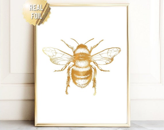 Bee Wall Art Print Bumble Bee Poster Gold Bee Print Real Gold Foil Print Honey Bee Gift Beekeeper Gift Modern Gold Art Bee Art