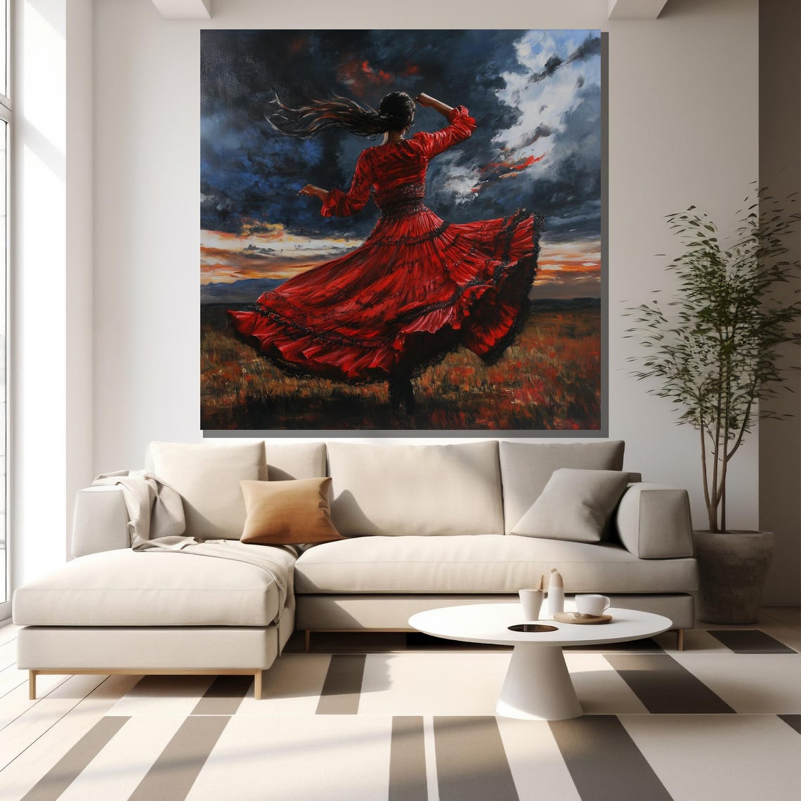 Flamenco Dancer In Red Dress Spinning At Sunset Field Painting Poster - Image 2