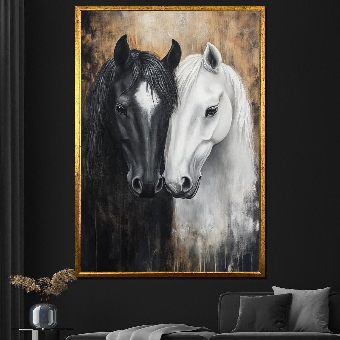 Black White Horses Nuzzling Elegant Equine Couple Portrait Wall Art