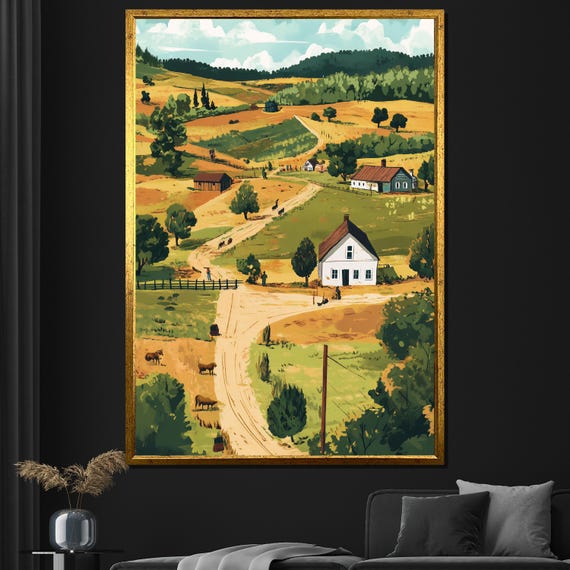 Countryside Farm Painting Rustic Landscape Wall Art For Living Room Country Home Gift Decor