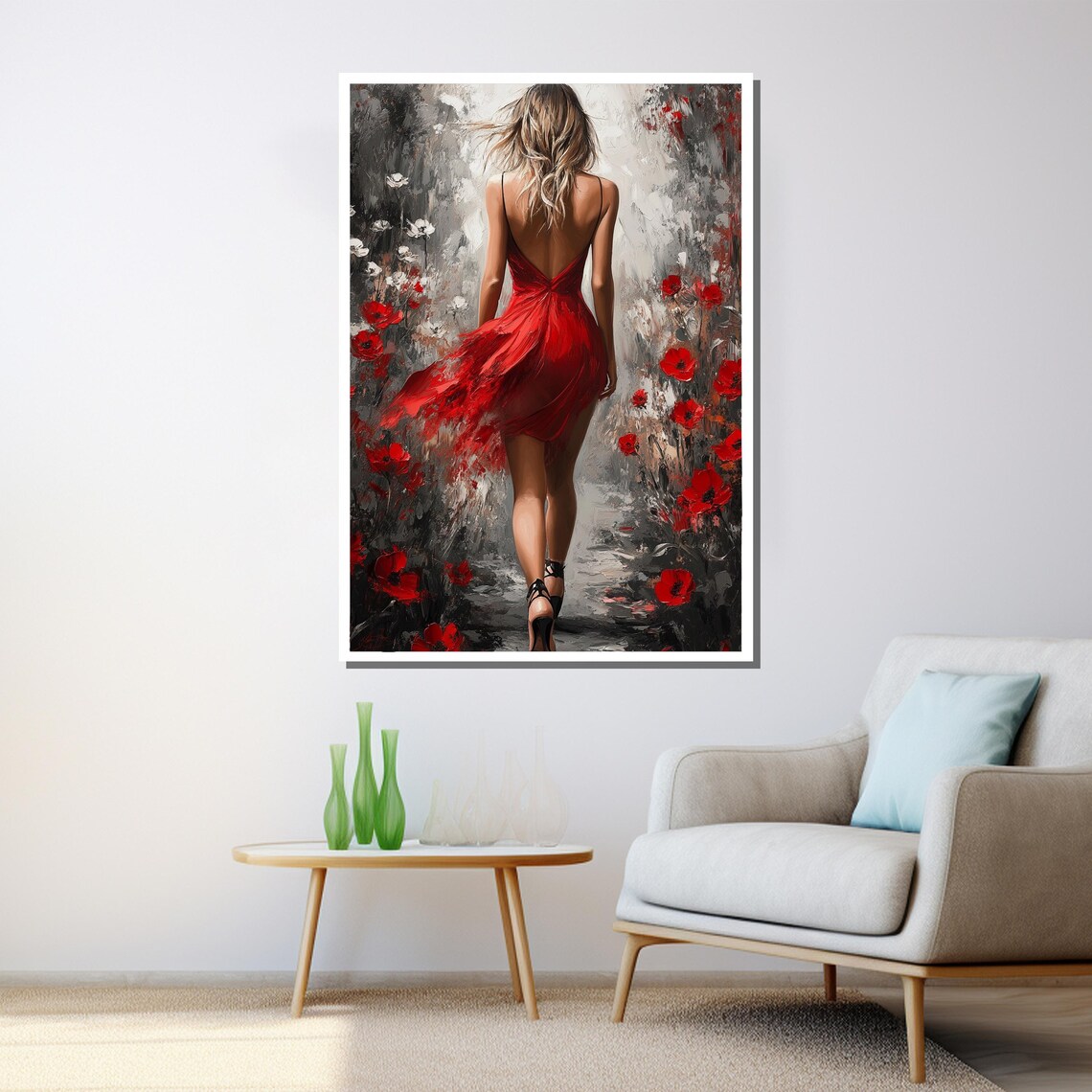 Woman in Red Dress Walking Poppy Field Romantic Floral Art Poster - Image 3