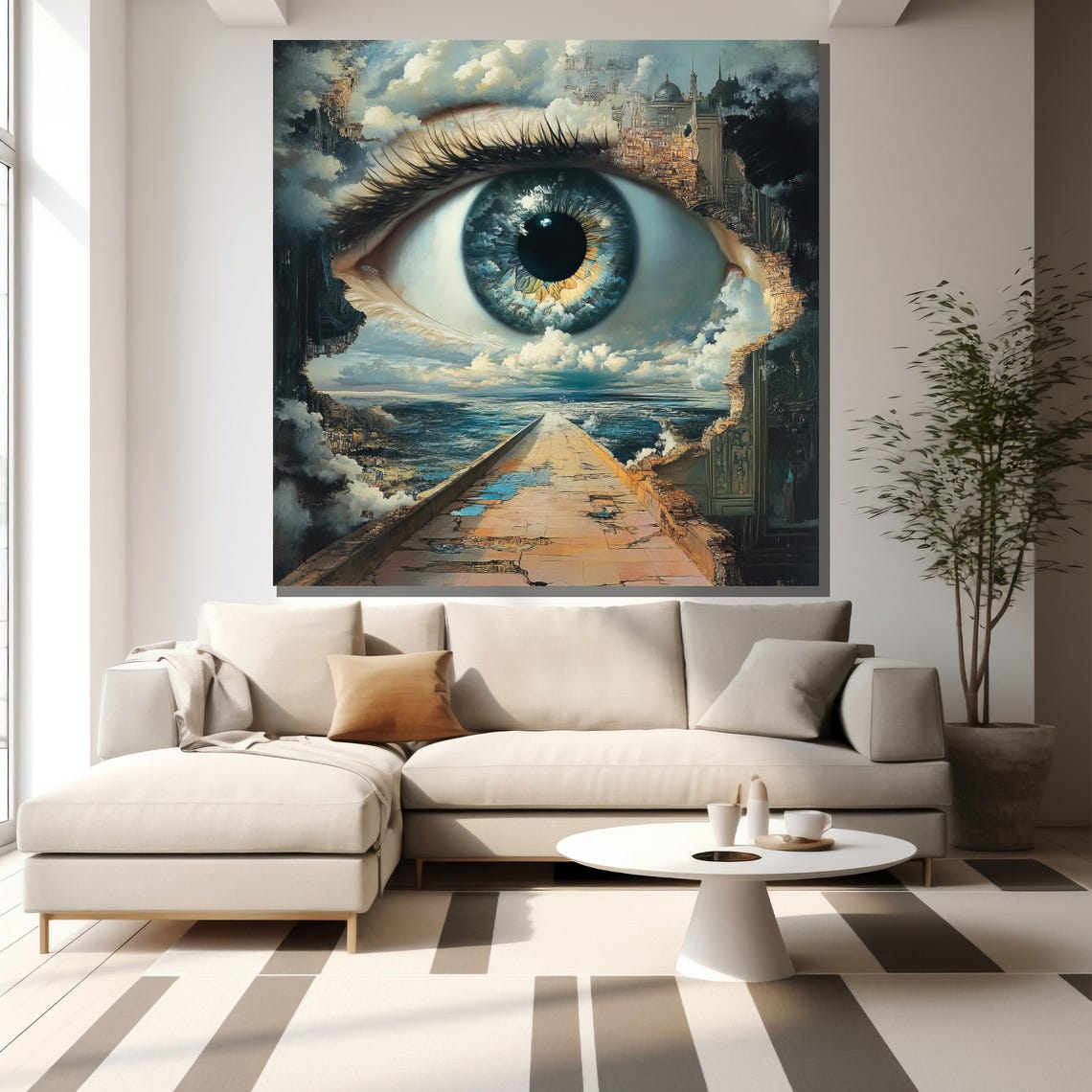 Giant Eye Watching Over Ocean And Cloud Cities Surreal Poster - Image 2