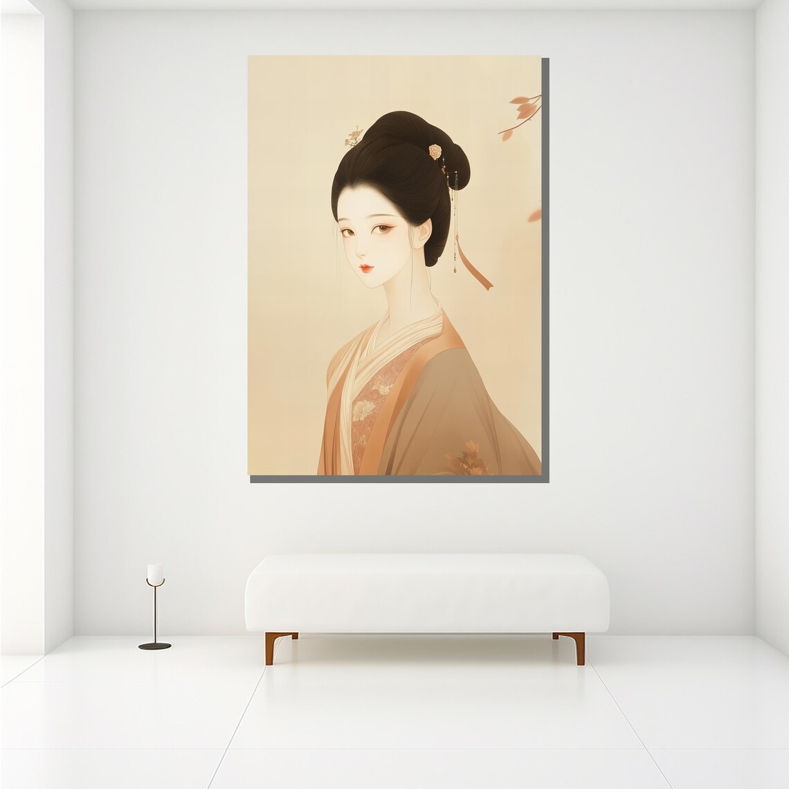 Minimalist Japanese Woman Portrait Soft Beige Kimono Elegant Wall Art - Image 2