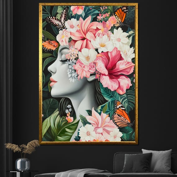 Floral Woman Painting Vibrant Butterfly And Flowers Wall Art Nature Inspired Home Decor Unique Gift For Her