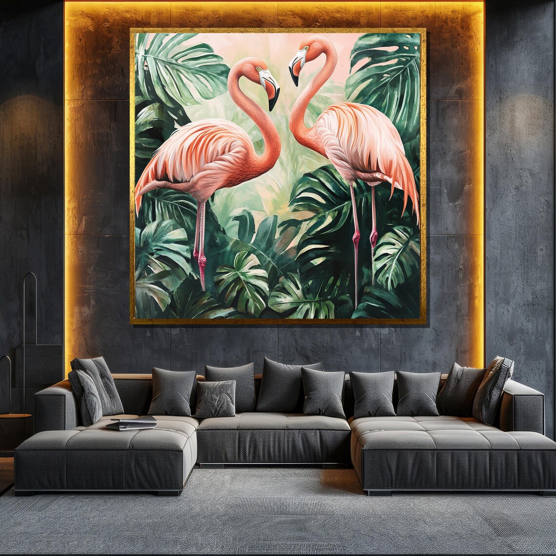 Two Pink Flamingos Monstera Leaves Tropical Watercolor Bird Art Poster