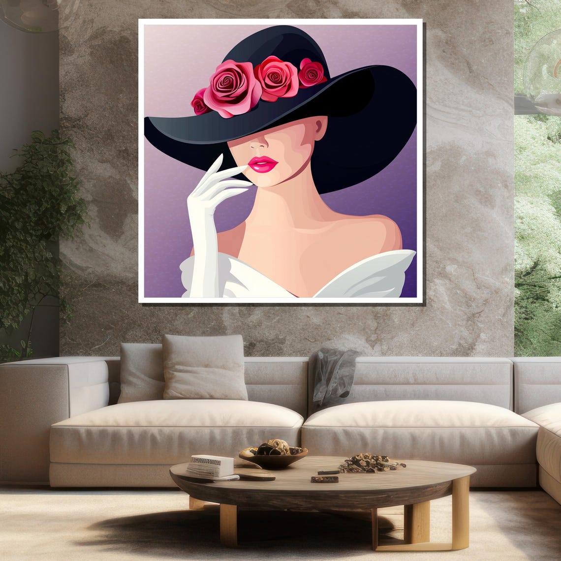 Black Hat Pink Roses Woman Modern Floral Glamour Art Wall Poster - Image 3