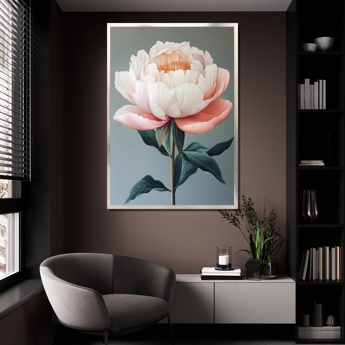 Pink Peony Single Bloom Painting Soft Blue Background Elegant Wall Art - Image 4