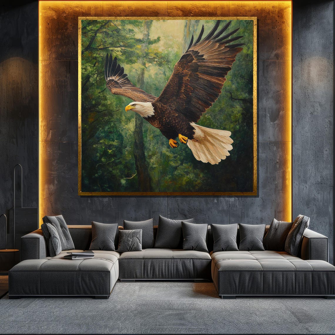 Bald Eagle Soaring Green Forest Wings Spread Bird Art Poster