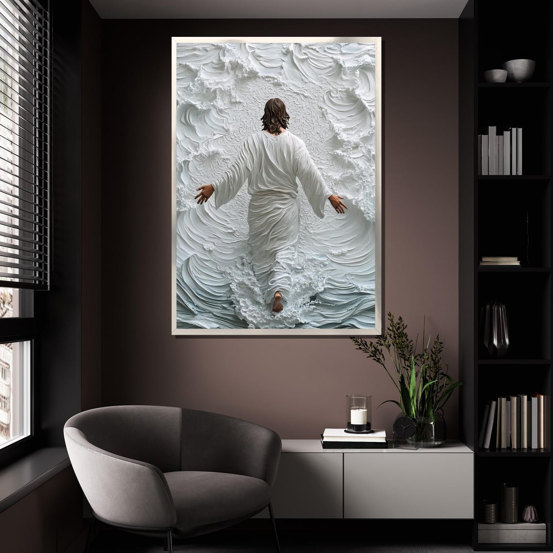 Jesus Walking On Textured White Ocean Waves Religious Poster - Image 4