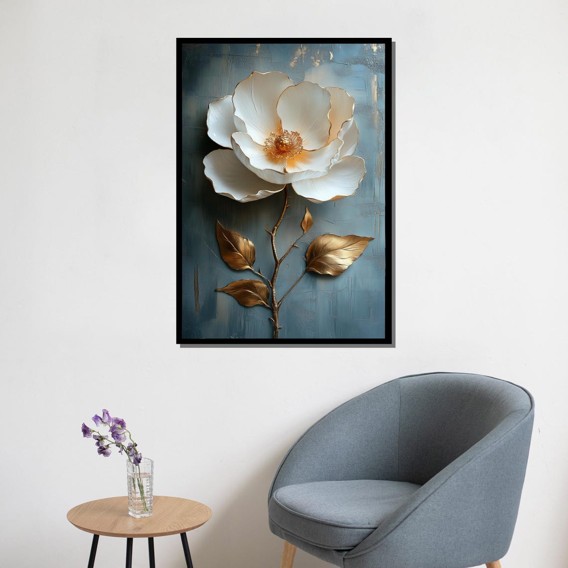 White Gold Flower Textured Painting Blue Background Elegant Wall Art - Image 5