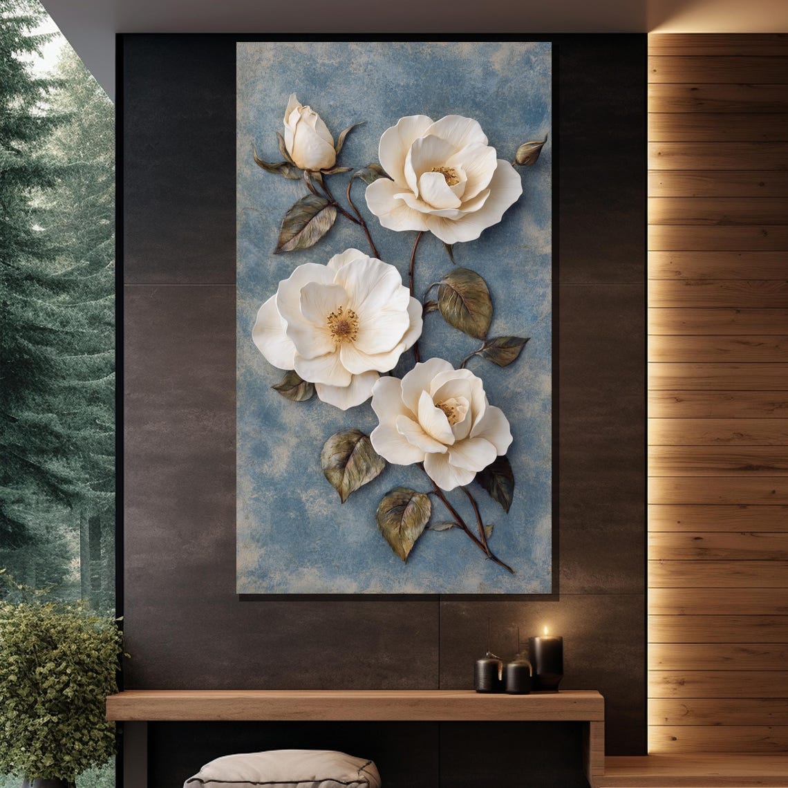 White Roses Branch Textured Plaster Blue Background Floral Wall Art - Image 2
