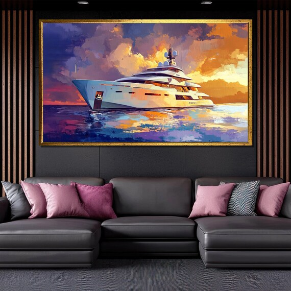 Luxury Yacht Painting Modern Nautical Wall Art For Living Room Sunset Ocean Gift Decor