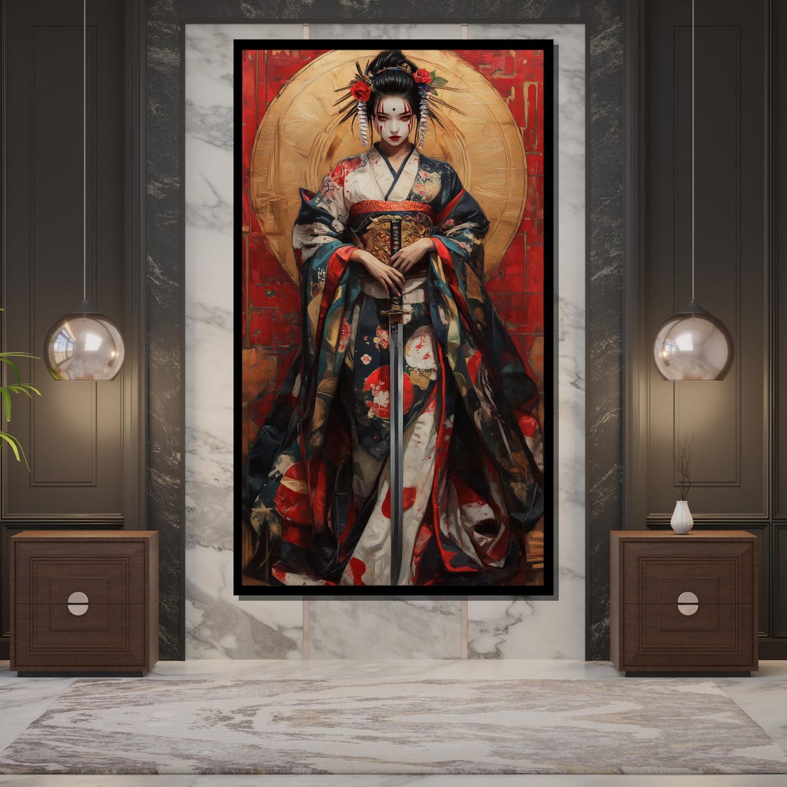 Samurai Geisha Warrior Katana Red Moon Colorful Kimono Japanese Poster - Image 5