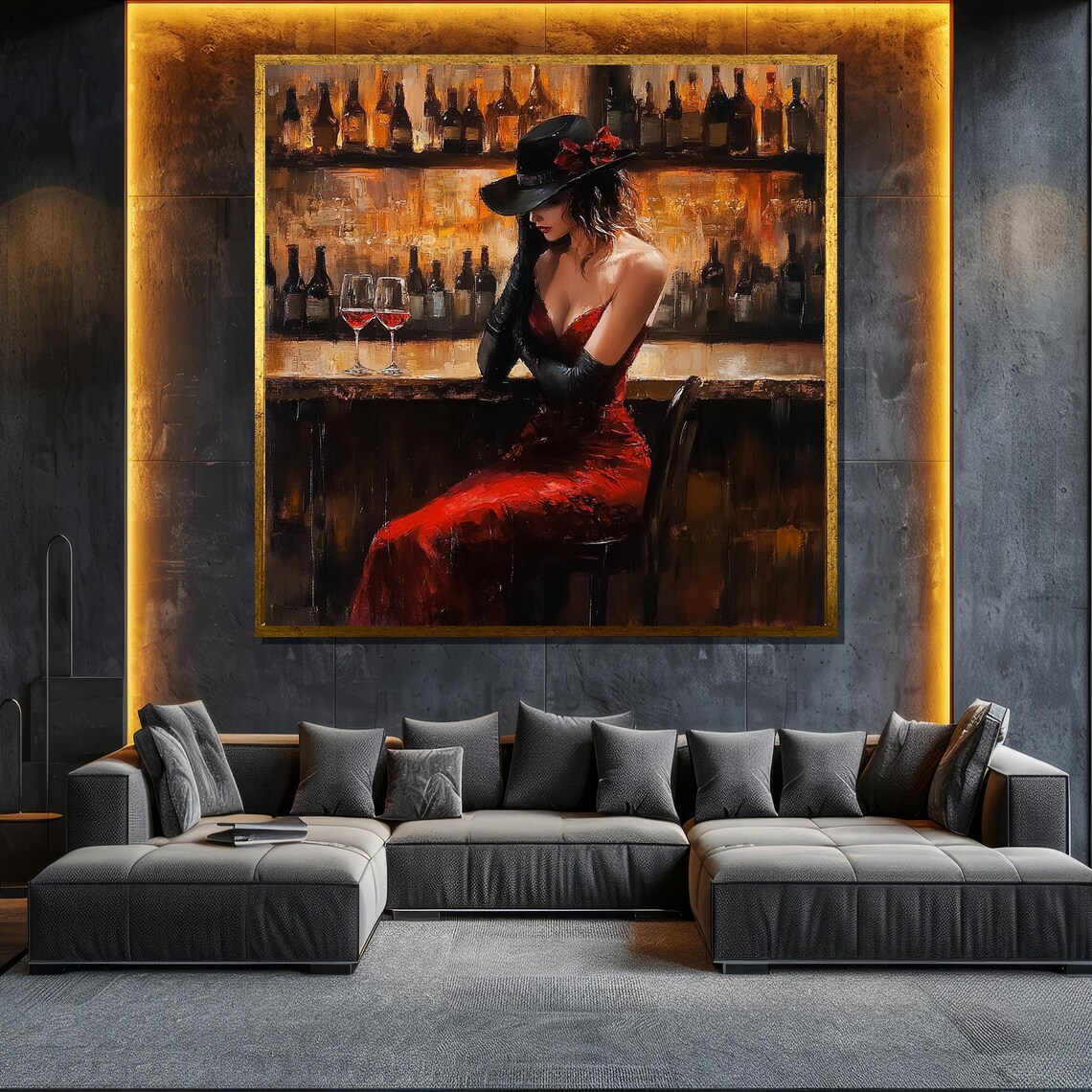 Red Dress Woman Wine Bar Painting Sultry Nightlife Elegant Wall Poster