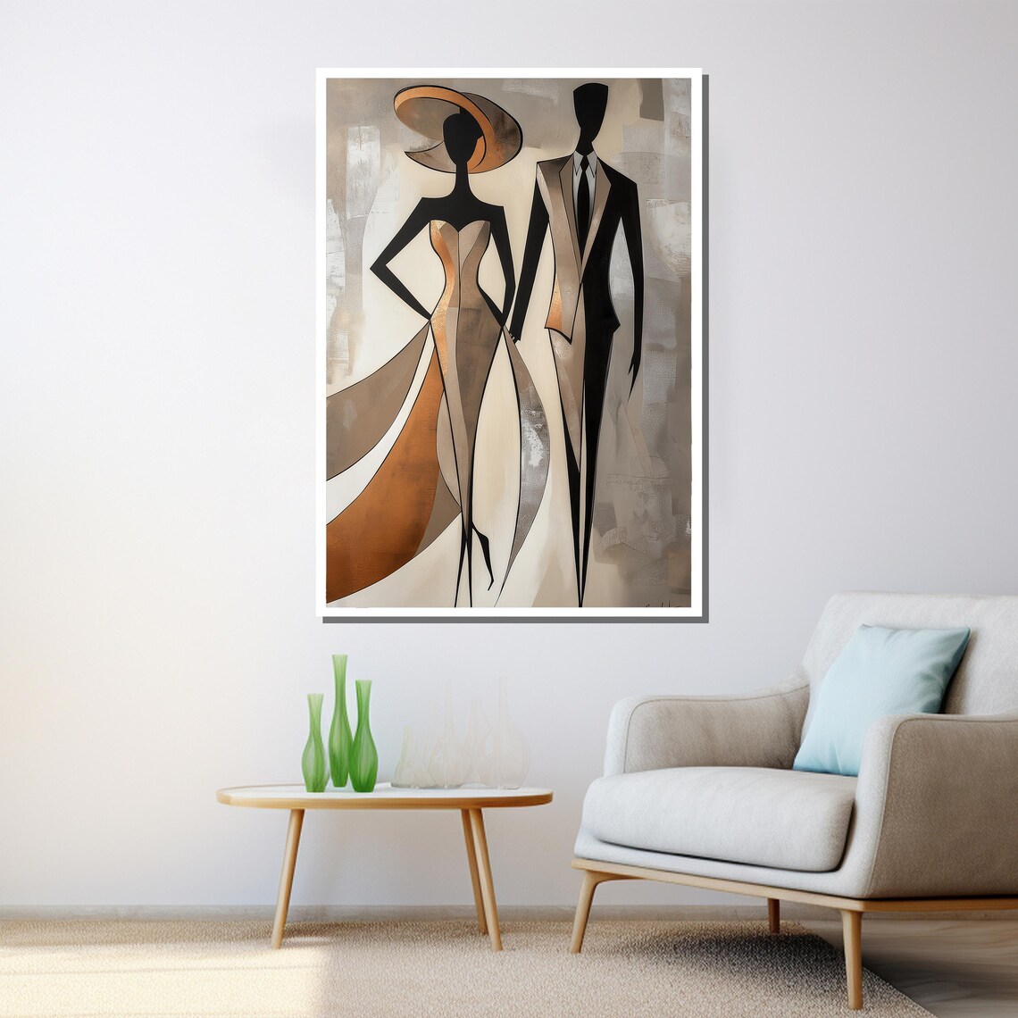 Elegant Minimalist Couple Silhouette Art Deco Gold Beige Wall Poster - Image 3