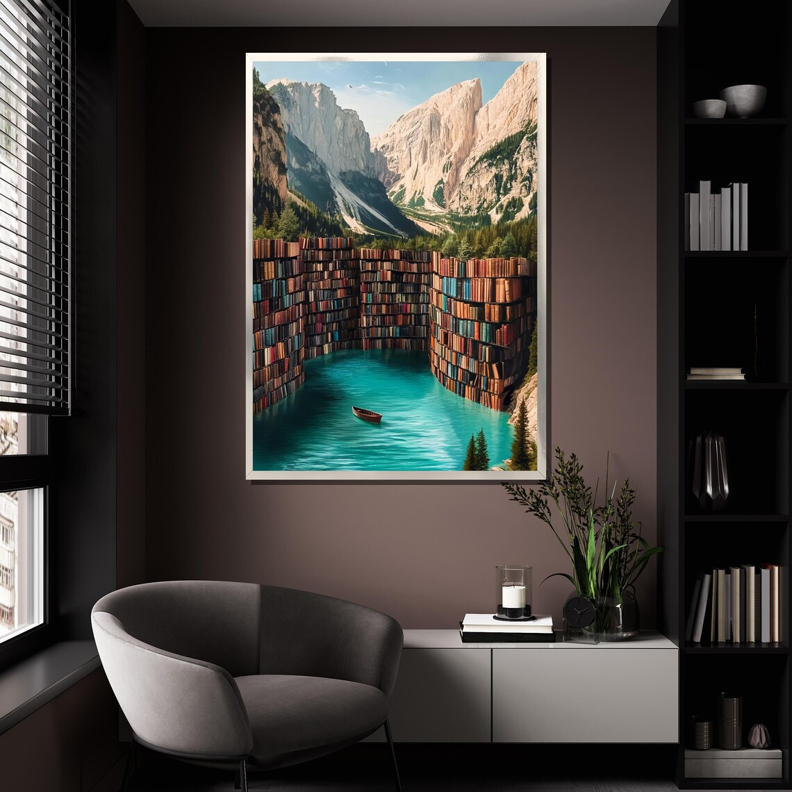 Surreal Bookshelf Lake Mountain Library Fantasy Painting Wall Poster - Image 4