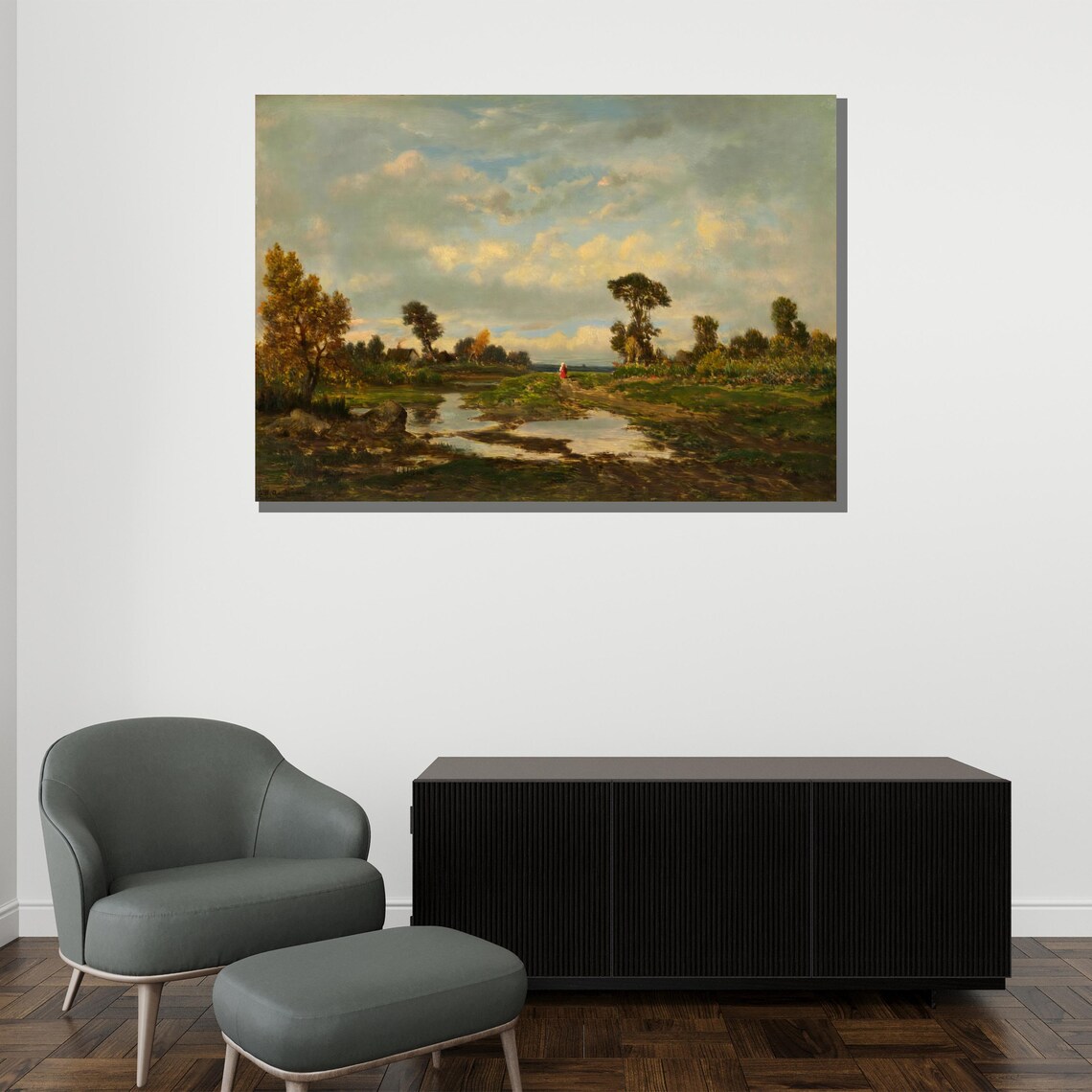 Charles Francois Daubigny Stream Meadow Cloudy Sky Landscape Poster - Image 2
