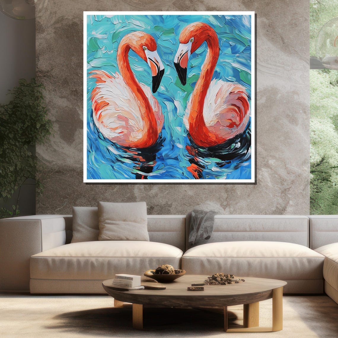 Two Flamingos Heart Shape Turquoise Water Impasto Art Poster - Image 3