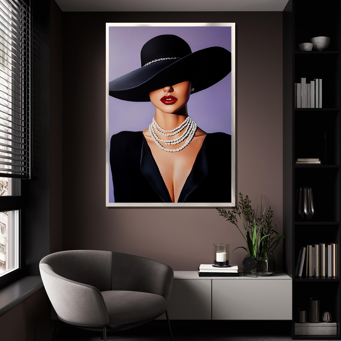 Black Hat Pearl Necklace Woman Red Lips Modern Fashion Art Wall Poster - Image 4