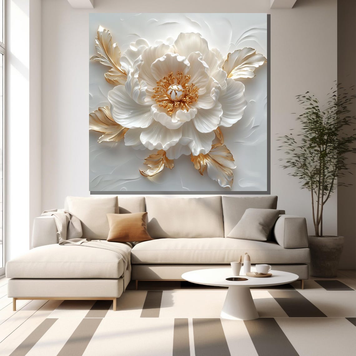 White And Gold 3D Textured Floral Painting Luxury Wall Art Poster - Image 2