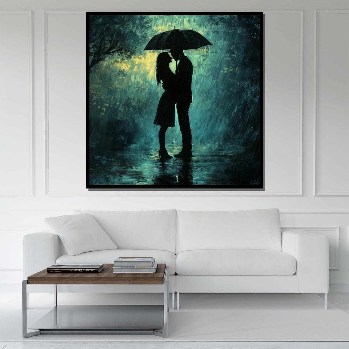 Romantic Couple Kissing Under Umbrella Rainy Night Love Wall Poster - Image 5