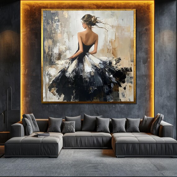Black White Dress Dancing Woman Abstract Elegant Modern Canvas Wall Art