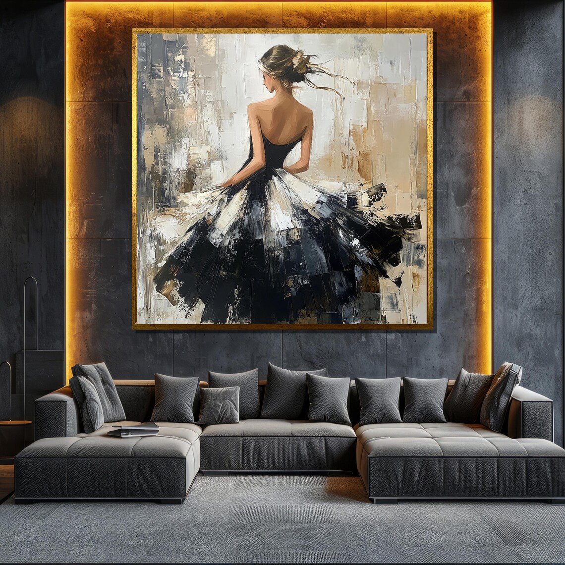 Black White Dress Dancing Woman Abstract Elegant Modern Canvas Wall Art