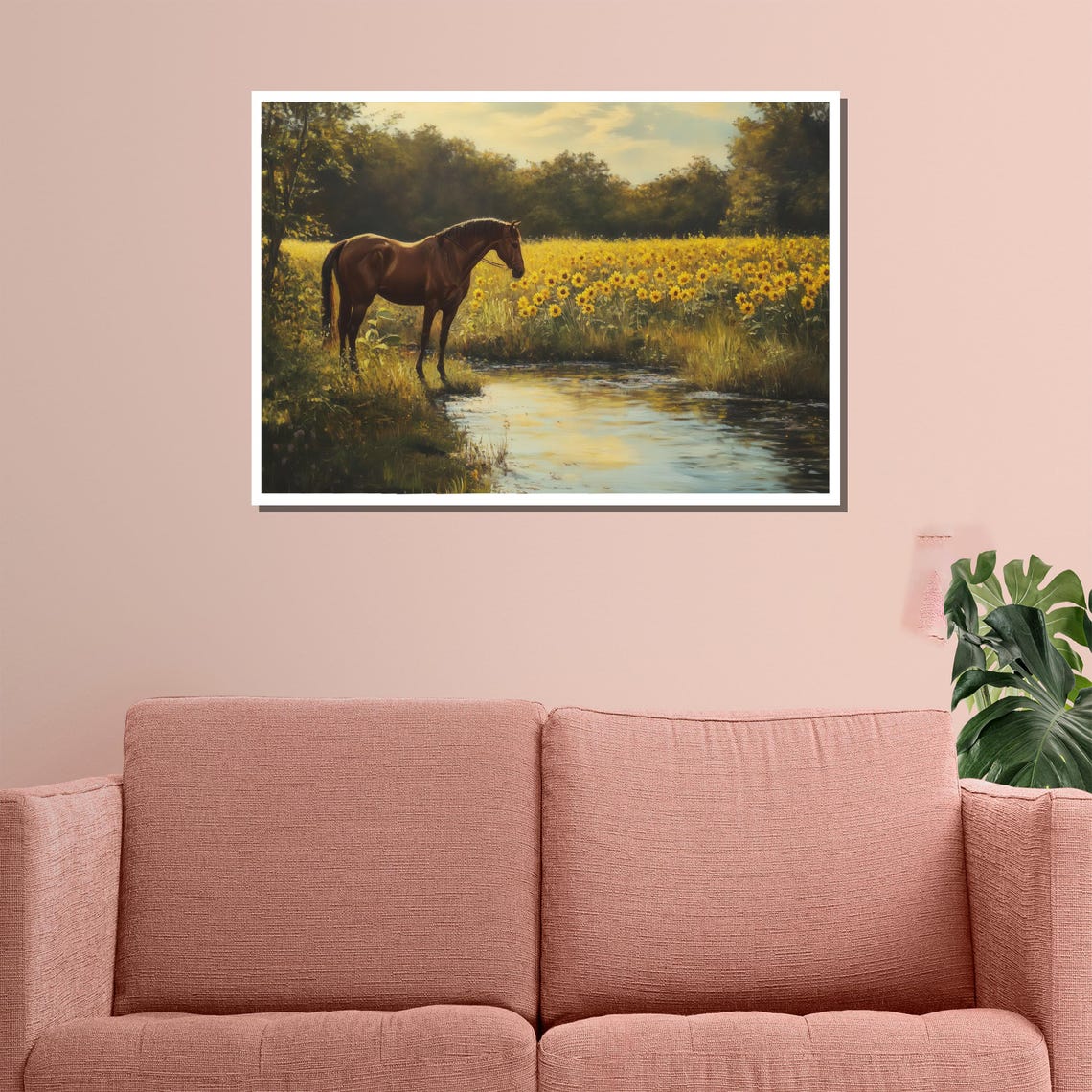 Chestnut Horse Sunflower Field Stream Golden Evening Rustic Wall Art - Image 3