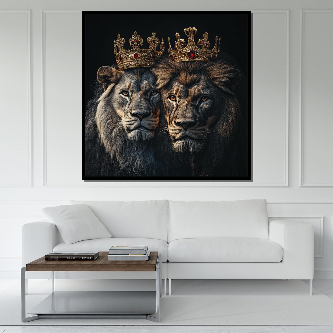 Two Crowned Lions Gold Crown Painting Majestic Regal Wildlife Wall Art Poster - Image 5