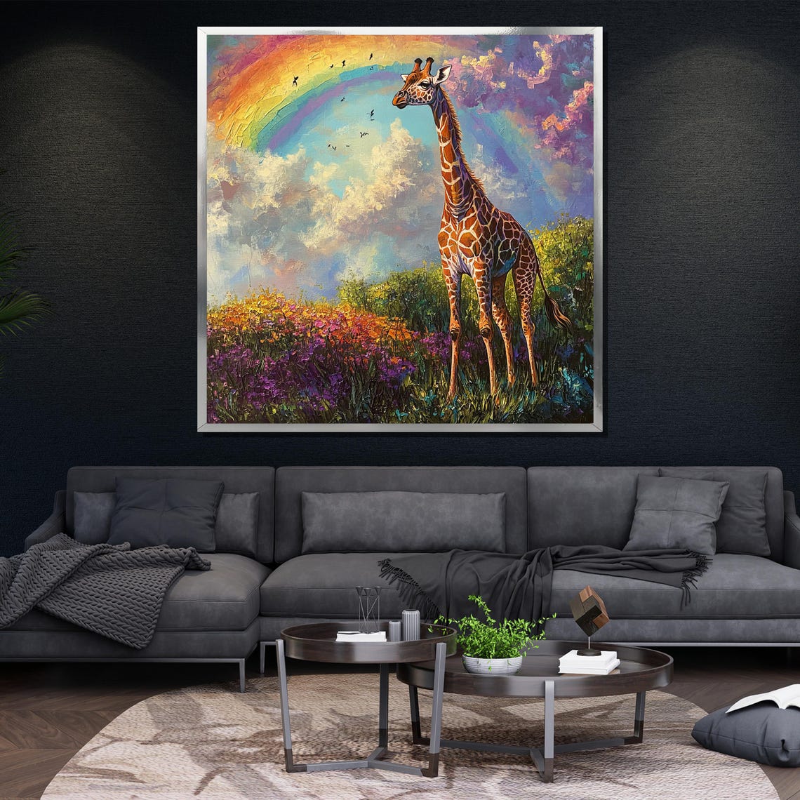 Giraffe Rainbow Meadow Colorful Wildflower Safari Wildlife Wall Art - Image 4