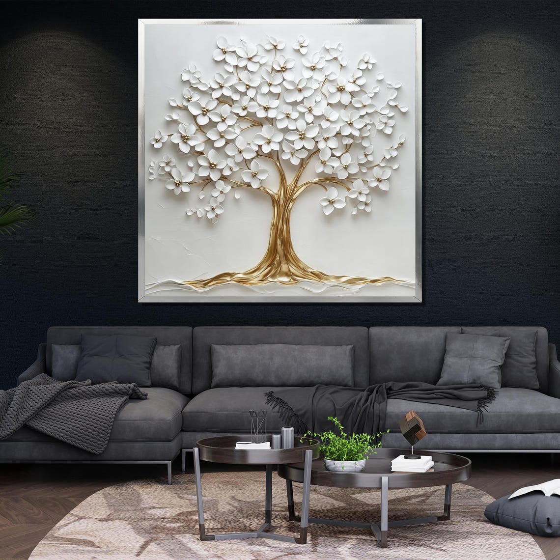 Gold Tree Of Life With White Blossoms 3D Textured Art Poster - Image 4