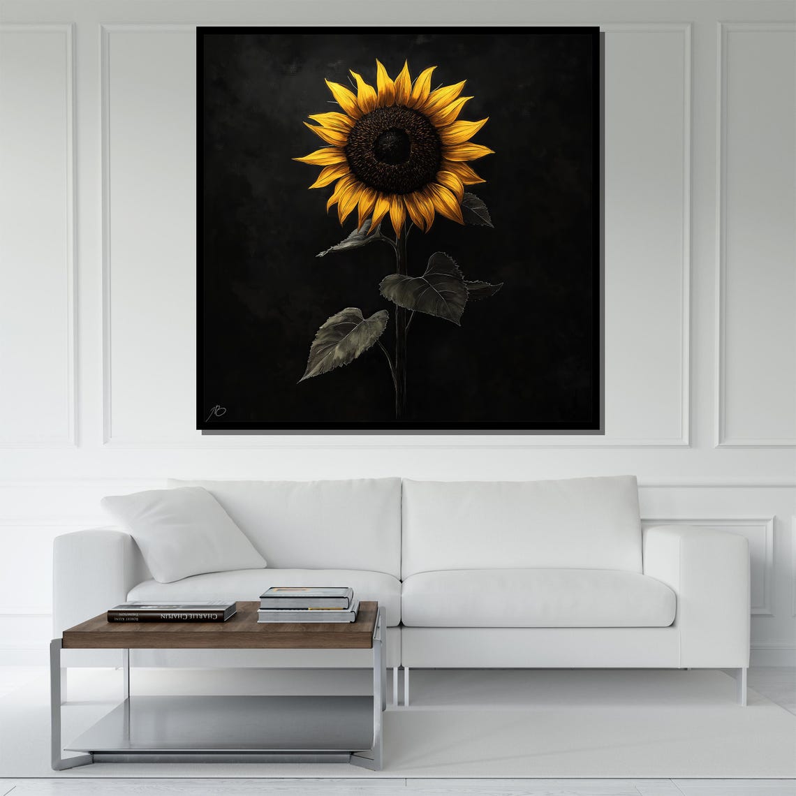 Tall Sunflower On Black Background Dramatic Modern Floral Art Print - Image 5