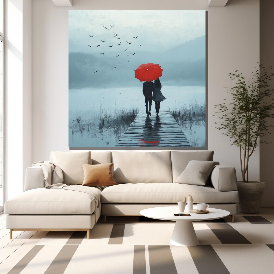 Couple Red Umbrella Misty Lake Boardwalk Birds Minimalist Wall Poster - Image 2