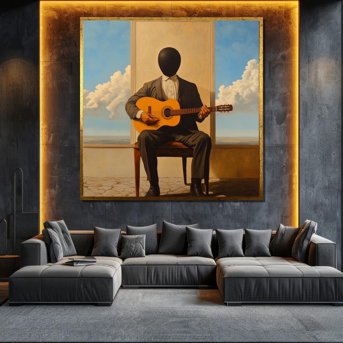 Faceless Man Playing Guitar By The Window Surreal Art Poster