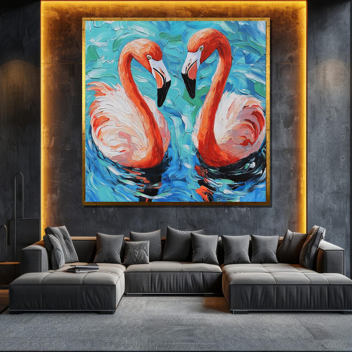 Two Flamingos Heart Shape Turquoise Water Impasto Art Poster