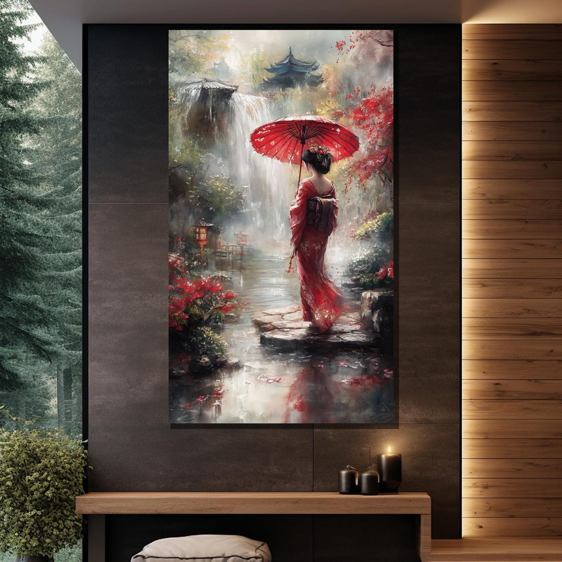 Geisha With Red Umbrella In Japanese Garden Waterfall Art Poster - Image 2