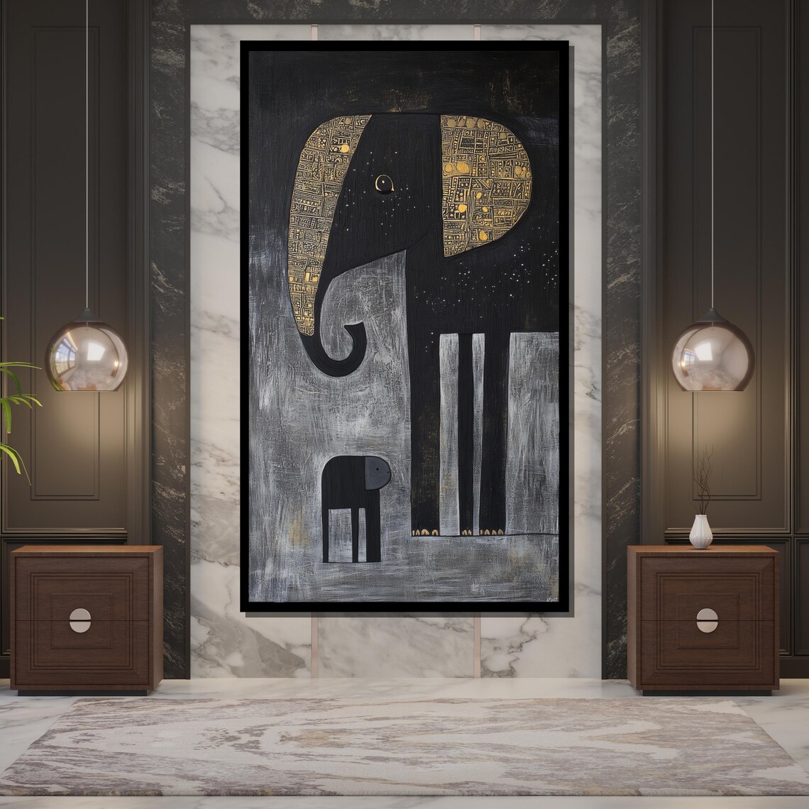Abstract Elephant Mother And Calf Black Gold Minimalist Wall Poster - Image 5