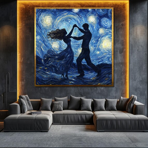 Starry Night Dancing Couple Silhouette Van Gogh Style Oil Painting Poster