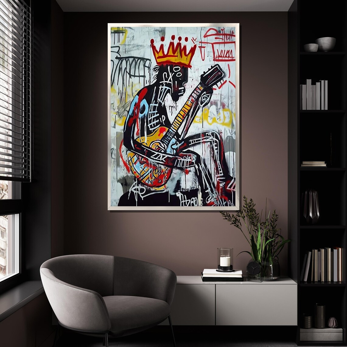 Basquiat Style Crowned Guitarist Colorful Street Art Music Poster - Image 4