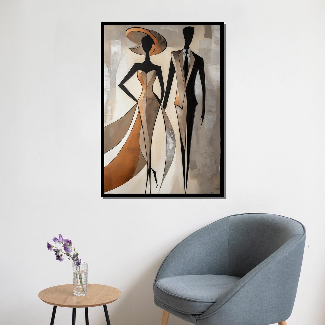 Elegant Minimalist Couple Silhouette Art Deco Gold Beige Wall Poster - Image 5