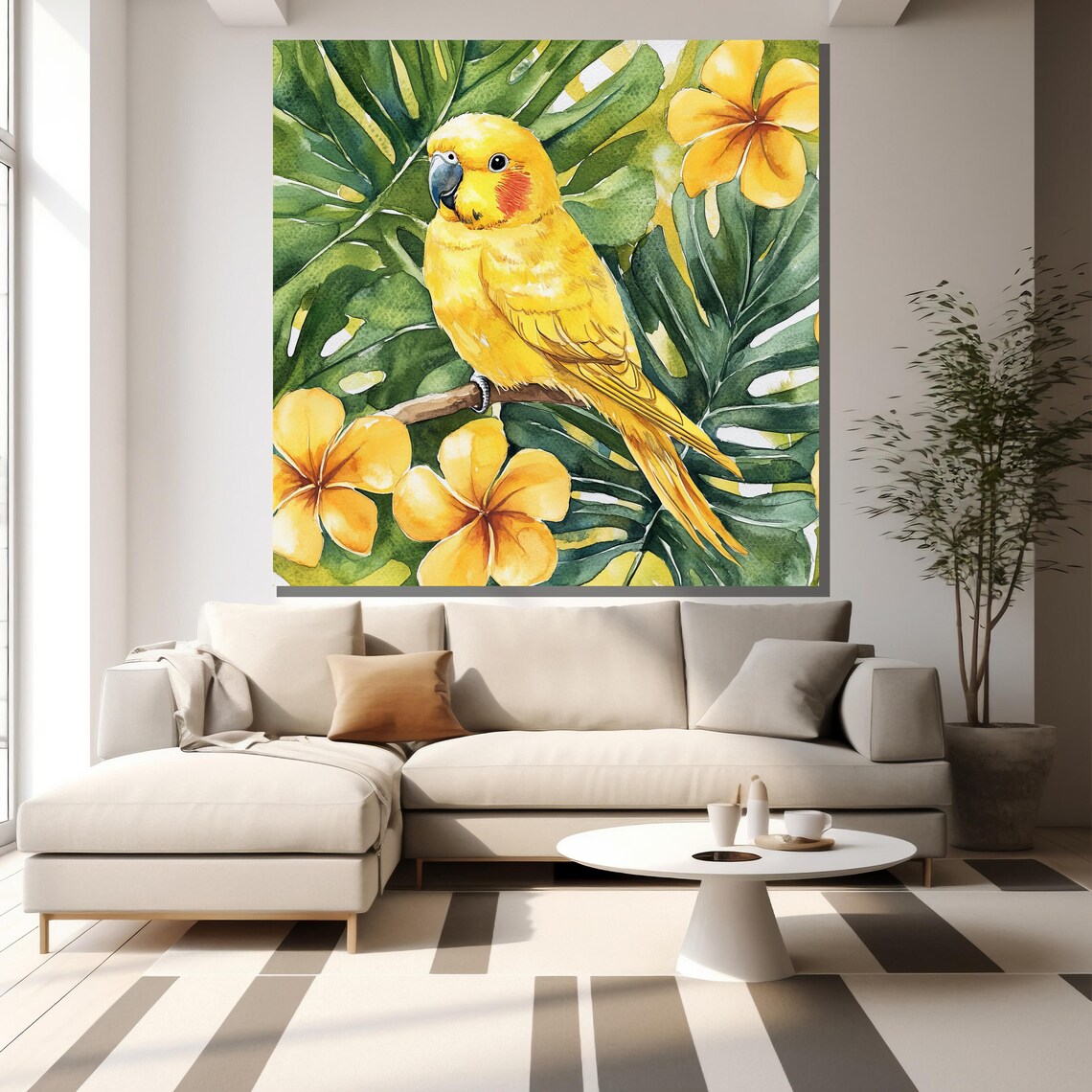 Yellow Parrot Tropical Watercolor Monstera Flower Bird Wall Poster - Image 2