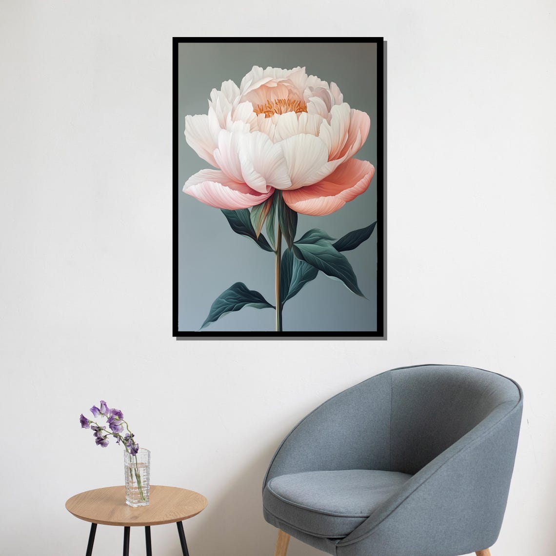 Pink Peony Single Bloom Painting Soft Blue Background Elegant Wall Art - Image 5