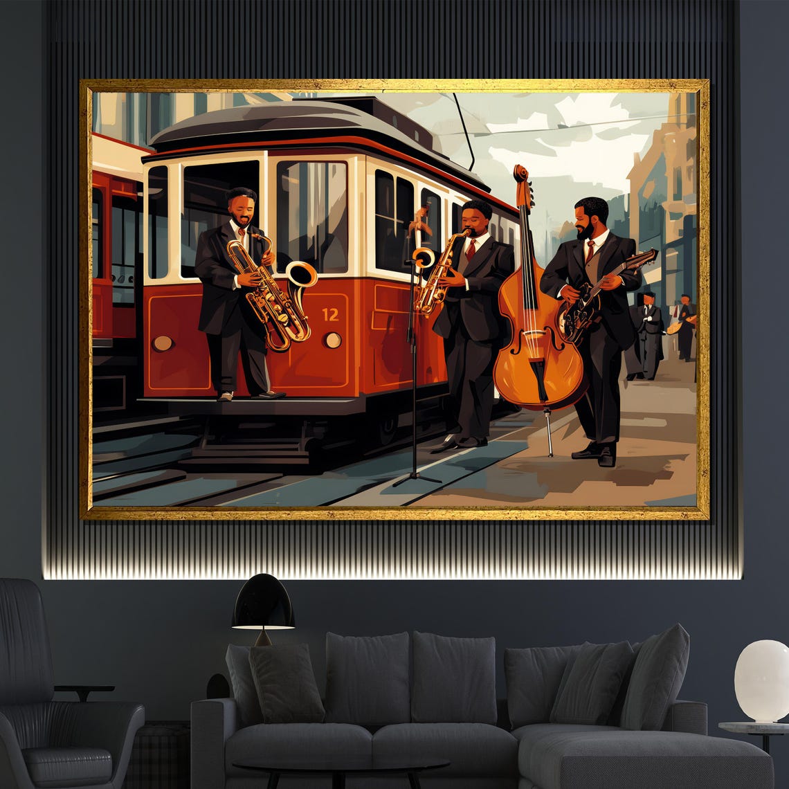 Street Jazz Band Playing Beside Vintage Red Tram Illustration Poster
