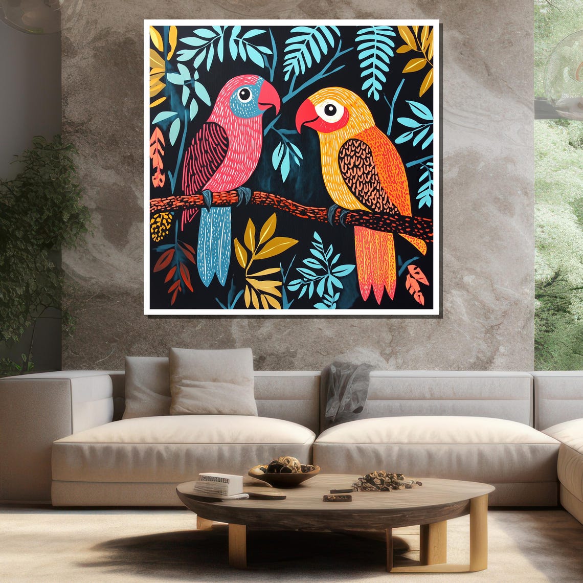 Two Colorful Folk Art Parrots Branch Exotic Bird Wall Poster - Image 3