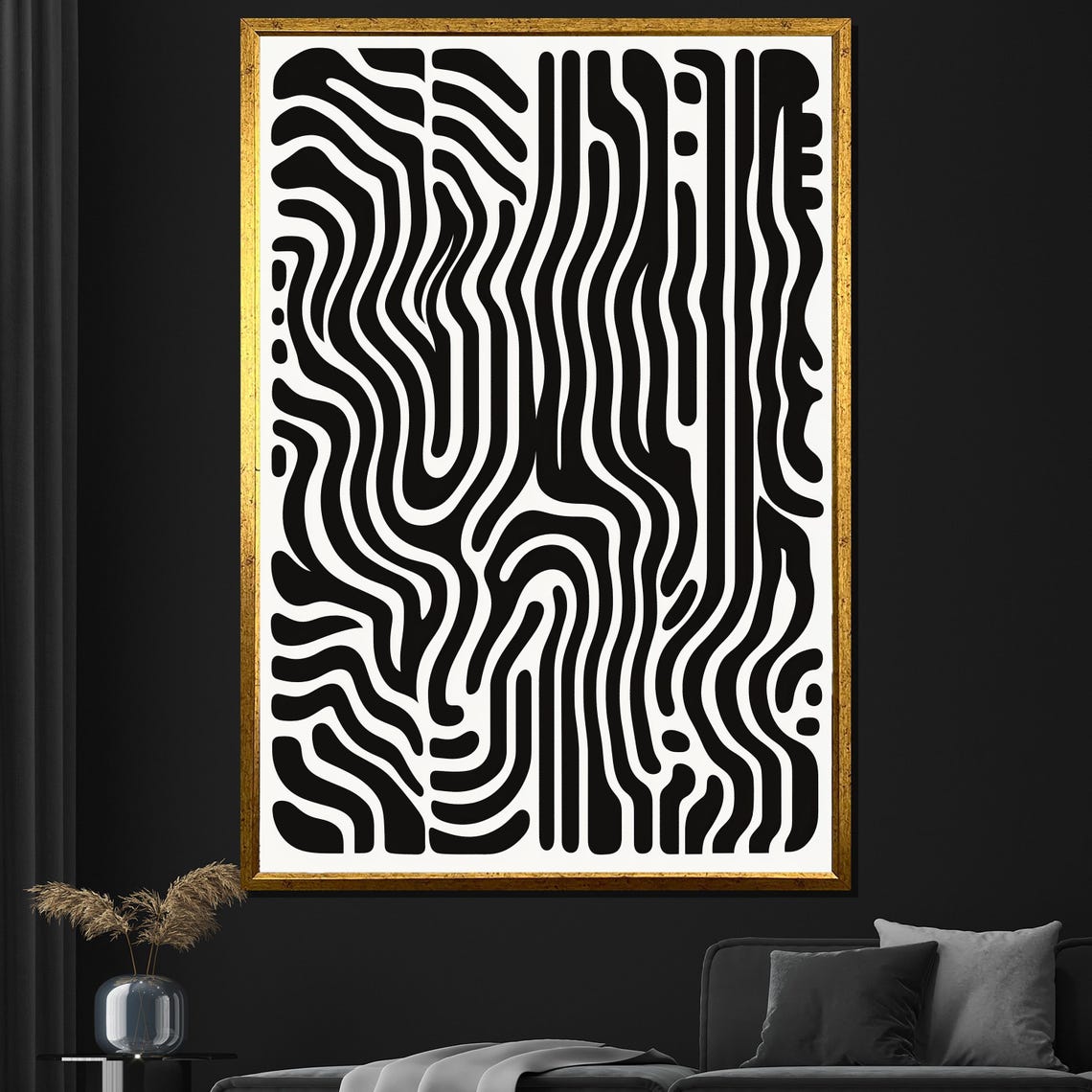 Black White Wavy Line Optical Abstract Bold Graphic Art Poster