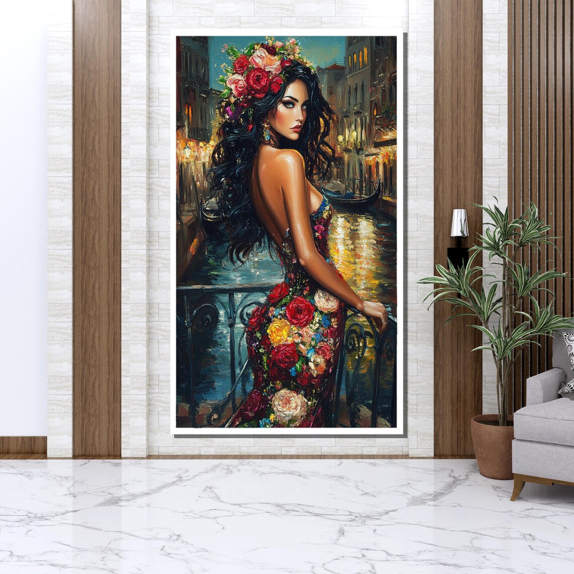 Elegant Woman Floral Dress Flower Crown Venice Canal Night Wall Poster - Image 3